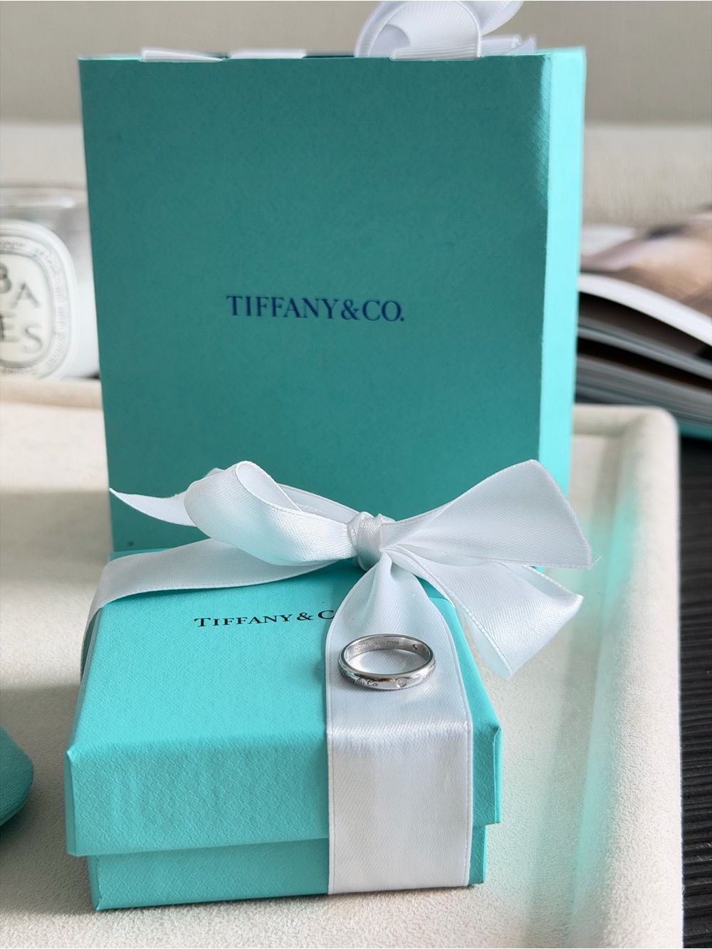 Tiffany & Co. Notes Lucida 3 Diamond Ring Platinum Size 5.5